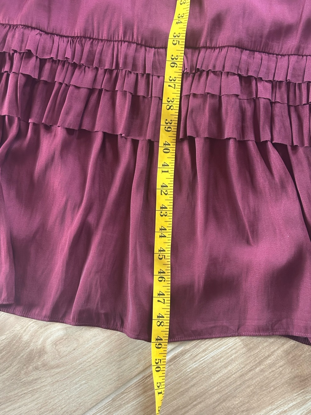 Bohme Maroon Ruffle Willa Midi Dress features a V-neckline and tiered skirt. L - Picture 11 of 12